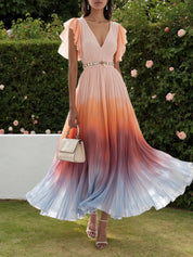 Orange Rhinestone Pleated Chiffon V Neck Sleeveless Ruffle Sleeve A-Line Maxi Dress