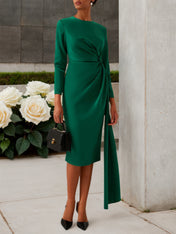 Green Satin Long Sleeve Sheath Midi Dress