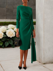 Green Satin Long Sleeve Sheath Midi Dress