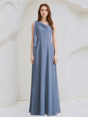 Navy Blue A-Line One Shoulder Floor-Length Chiffon Bridesmaid Dress With Bow