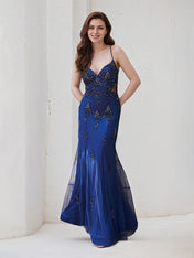 Navy Blue Tulle Trumpet/Mermaid Spaghetti Straps Sleeveless Floor Length Bridesmaid Dress