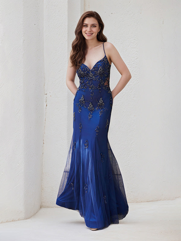 Navy Blue Tulle Trumpet/Mermaid Spaghetti Straps Sleeveless Floor Length Bridesmaid Dress
