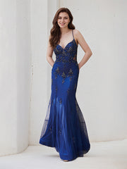 Navy Blue Tulle Trumpet/Mermaid Spaghetti Straps Sleeveless Floor Length Bridesmaid Dress