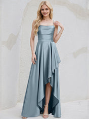 Dusty Blue Satin A Line Spaghetti Straps Sleeveless Asymmetrical Bridesmaid Dress