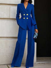 Women Blue Buckle Lapel Collar Long Sleeve Coat With Pants Two-Piece Set