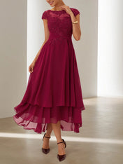 Red Lace Chiffon Crew Neck Cap Sleeve A-Line Maxi Dress