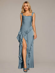 Blue Sheath/Column Satin Square Neck Sleeveless Floor Length Dresses
