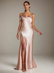 Blush Pink Satin Sheath/Column Asymmetrical Sleeveless Floor Length Bridesmaid Dress