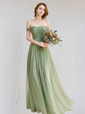A Line Sage Chiffon Off the Shoulder Sleeveless Floor Length Dress
