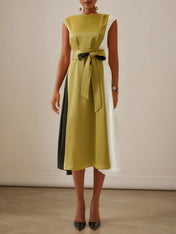 Green Color Block Cap Sleeve Satin Tie Waist A-Line Midi Dress