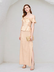 Champagne Sheath/Column Satin One Shoulder Sleeveless Ankle Length Dress With Slit
