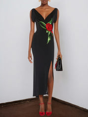 Black Floral Embroidered V Neck Sleeveless Slit Sheath Midi Dress