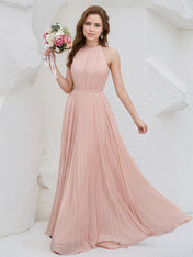 Blush Pink Chiffon A Line Halter Neck Sleeveless Floor Length Bridesmaid Dress