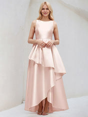 Blushing Pink A Line Scoop Neck Sleeveless Asymmetrical Satin Bridesmaid Dresses