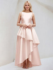 Blushing Pink A Line Scoop Neck Sleeveless Asymmetrical Satin Bridesmaid Dresses