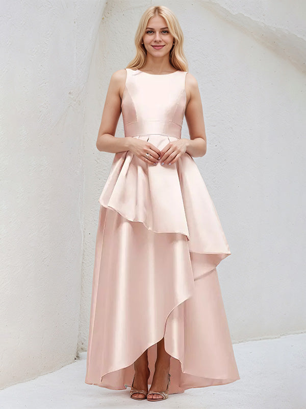 Blushing Pink A Line Scoop Neck Sleeveless Asymmetrical Satin Bridesmaid Dresses