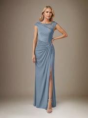 Dusty Blue Sheath/Column Chiffon Boat Neck Short Sleeves Floor Length Dress With Slit