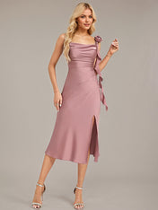 Vintage Mauve A-Line Spaghetti Straps Tea-Length Satin Bridesmaid Dress With 3D Floral