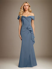Steel Blue Trumpet/Mermaid Stretch Crepe Off The Shoulder Sleeveless Floor Length Dress