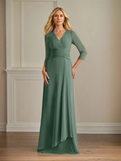 A Line V Neck 3/4 Sleeves Floor-Length Chiffon Dress With Pleated