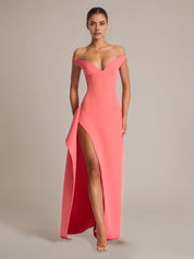 Coral Pink Sheath/Column Stretch Crepe Off The Shoulder Floor Length Dress