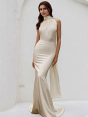 Ivory Satin Trumpet/Mermaid Halter Neck Floor Length Bridesmaid Dress
