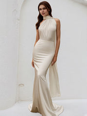 Ivory Satin Trumpet/Mermaid Halter Neck Floor Length Bridesmaid Dress