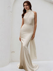 Ivory Satin Trumpet/Mermaid Halter Neck Floor Length Bridesmaid Dress
