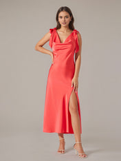 Coral Satin A Line V Neck Sleeveless Ankle Length Dress