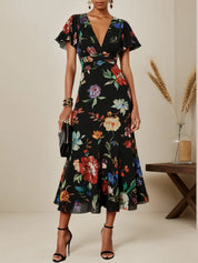 Black Floral Chiffon V Neck Short Sleeve Bell Sleeve A-Line Midi Dress