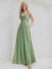 Basil A-Line V-Neck Floor-Length Chiffon Bridesmaid Dress With Ruffle