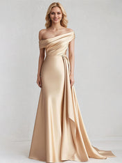 A Line Satin One Shoulder Sleeveless Floor Length Dress