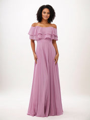 Wisteria A-Line Chiffon Ruffles Off-The-Shoulder Sleeveless Floor-Length Bridesmaid Dresses