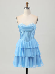 Light Blue A Line Tiered Sweetheart Corset Short Homecoming Dress