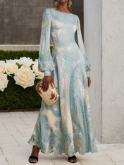 Light Blue Paisley Chiffon Crew Neck Long Sleeve Balloon Sleeve A-Line Maxi Dress