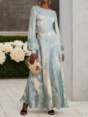 Light Blue Paisley Chiffon Crew Neck Long Sleeve Balloon Sleeve A-Line Maxi Dress