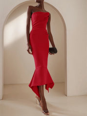 Red Strapless Sheath Mermaid Maxi Dress with Flouncing Skirt