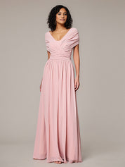 Petal A Line Chiffon V Neck Short Sleeves Floor-Length Bridesmaid Dresses