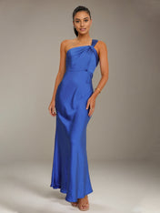 Cobalt Blue Satin Sheath/Column One shoulder Ankle Length Bridesmaid Dresses