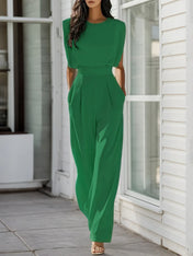 Women Green Crew Neck Sleeveless Dressy Jumpsuit