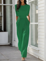 Women Green Crew Neck Sleeveless Dressy Jumpsuit