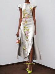 Silver Light Gray Floral Embroidered Cap Sleeve Slit A-Line Maxi Dress
