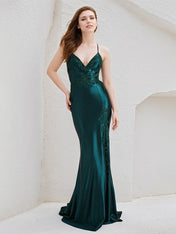 Peacock Satin Spaghetti Straps Sleeveless Floor Length Bridesmaid Dress With Appliques