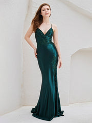 Peacock Satin Spaghetti Straps Sleeveless Floor Length Bridesmaid Dress With Appliques