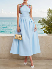 Light Blue Lace Ruched Classic Crew Neck Sleeveless A-Line Midi Dress