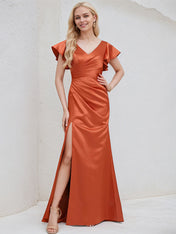 Vermilion Satin A Line V Neck Short Sleeves Floor Length Bridesmaid Dress With Ruffle