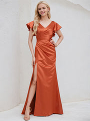 Vermilion Satin A Line V Neck Short Sleeves Floor Length Bridesmaid Dress With Ruffle