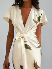 White Leaf Short Sleeve Satin Wrap Sheath Midi Dress