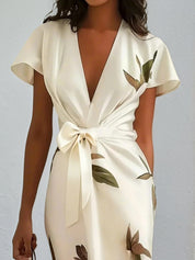 White Leaf Short Sleeve Satin Wrap Sheath Midi Dress