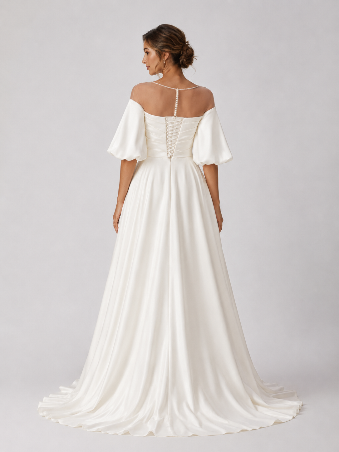 Elegant Off-the-Shoulder Ruched Satin A-Line Wedding Dress with Puff Sleeves and Sweep Train